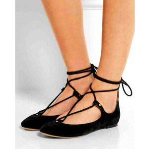Chloé CLASSIC 7 Lace Up Foster Ballet Flats Suede Shoes Black Tie 37 Ballerina